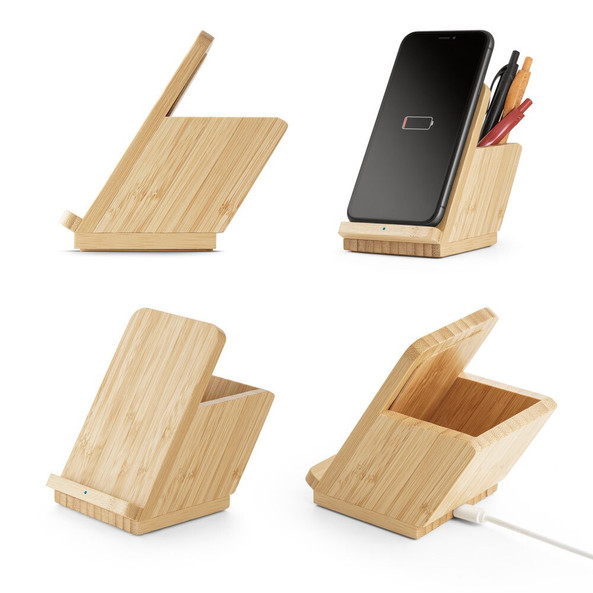 hi!dea 97940 - Porte-smartphone et porte-stylos avec chargeur sans fil rapide 10W en bambou