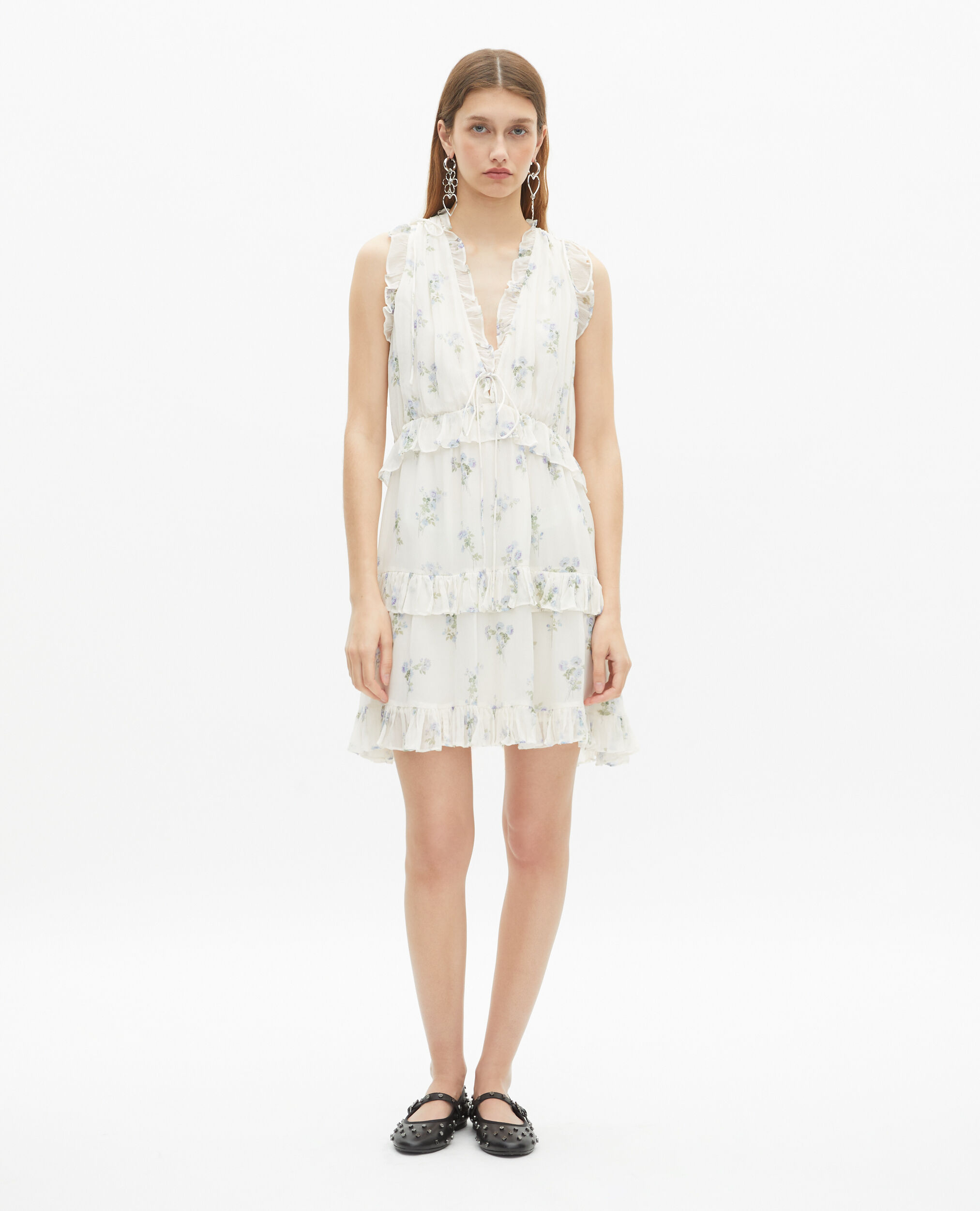 Robe courte à volants imprimé fleuri blanc