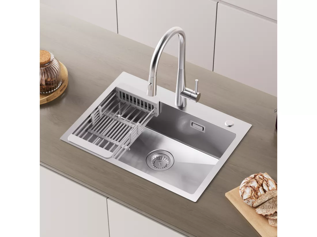 Cecipa MAX Évier Cuisine 1 Bac 60×45×18CM Évier Cuisine Acier Inoxydable 304 Brossé avec Panier de Drainage