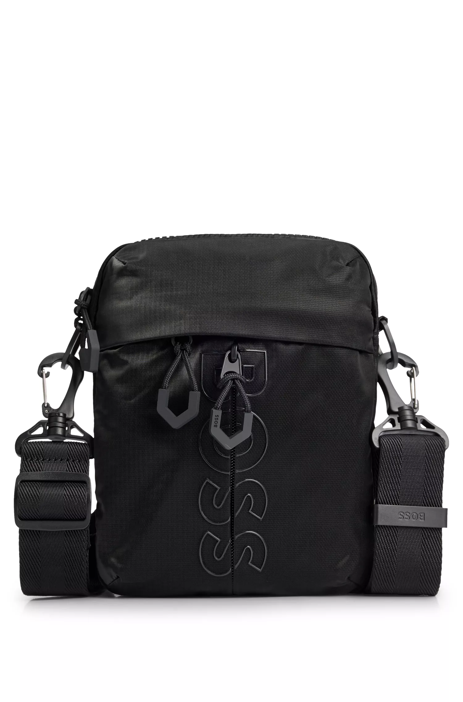 Bolsa transversal BOSS em veludo revestido preto com logotipo em contorno.