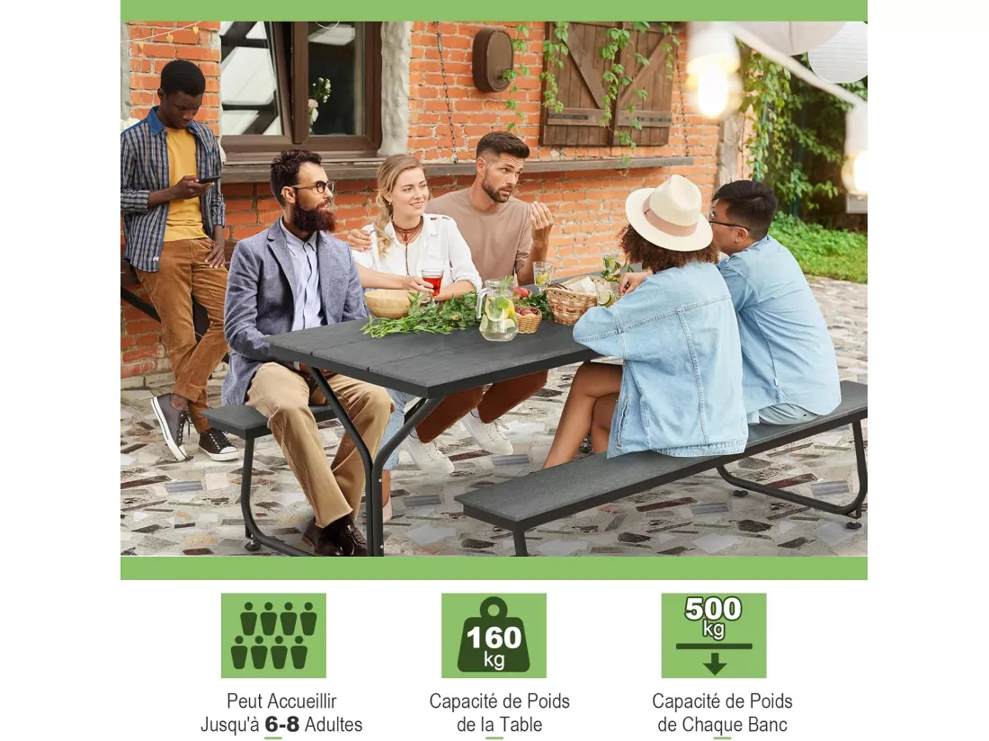 Ensemble Table et Bancs de Pique-Nique avec Cadre Métal, Ensemble de Jardin Imperméable pour 8 Personnes Banc Charge 500KG, pour Jardin Piscine, 183 x 150 x 76 cm (Gris)