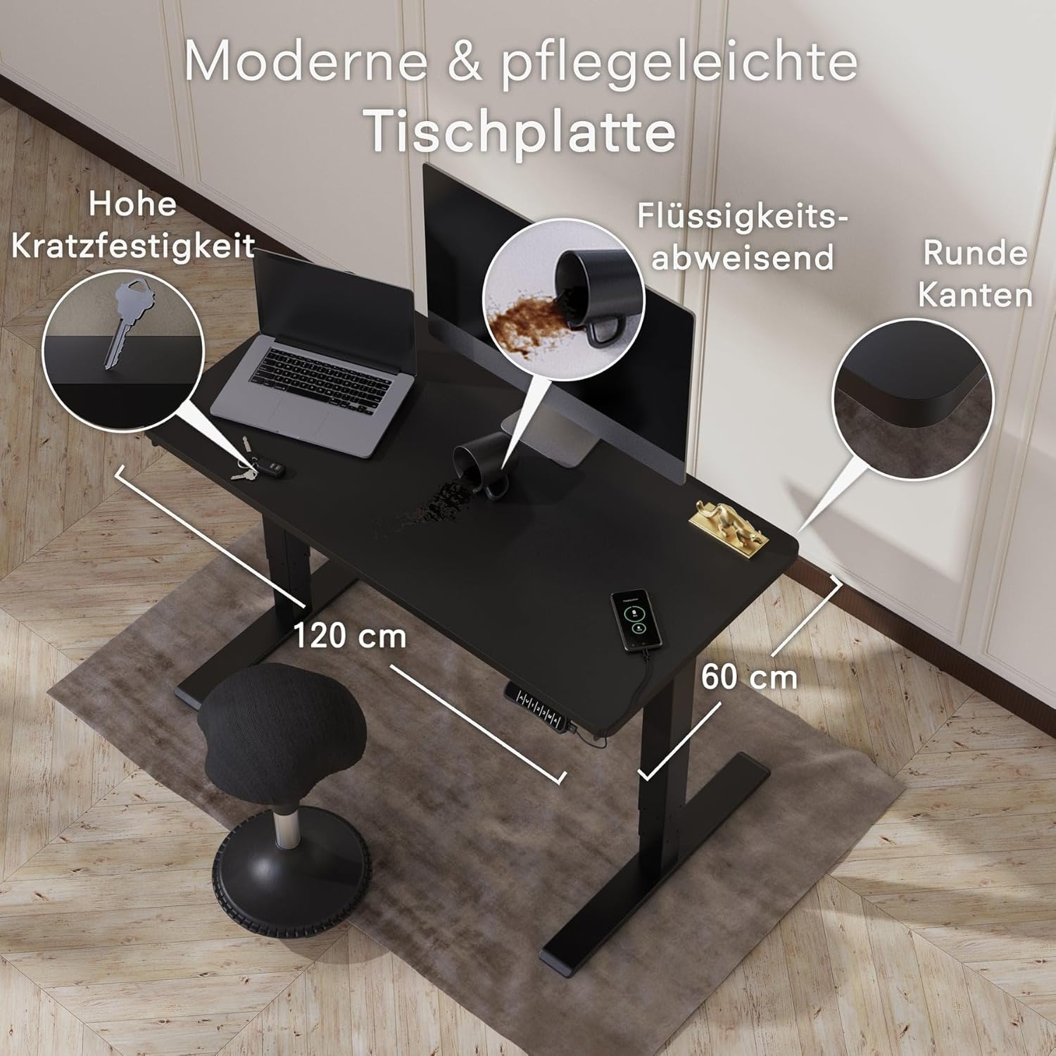 Tischplatte - 2,5 cm Extra-Dicke Schwarze Schreibtischplatte 180x80 cm, Ideale Holzplatte für den Höhenverstellbaren Schreibtisch, Esstisch und Mehr, Langlebige Arbeitsplatte