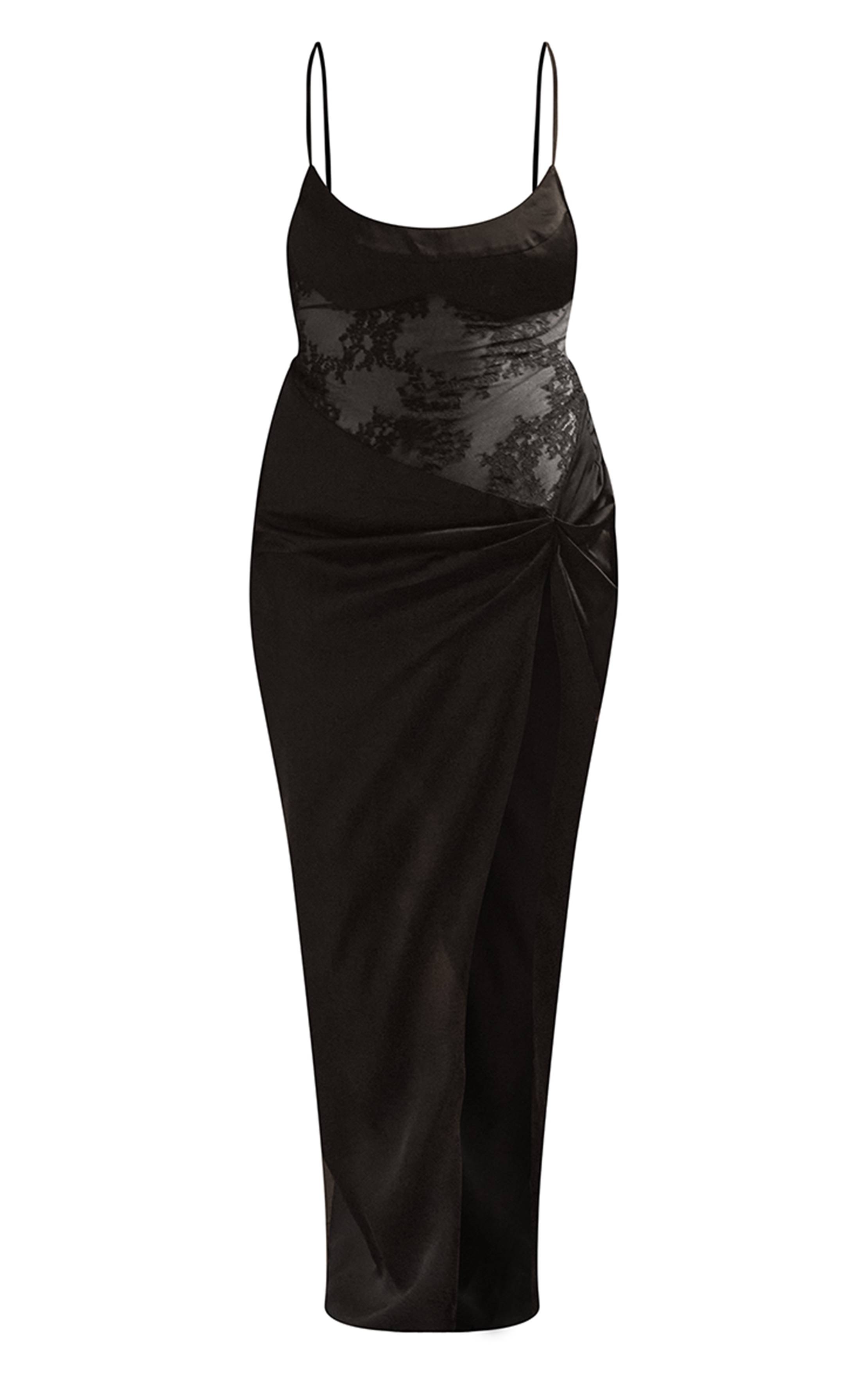 Noir Robe Longue À Bretelles Plt Label Avec Empiècements Satinés Et Bustier En Dentelle