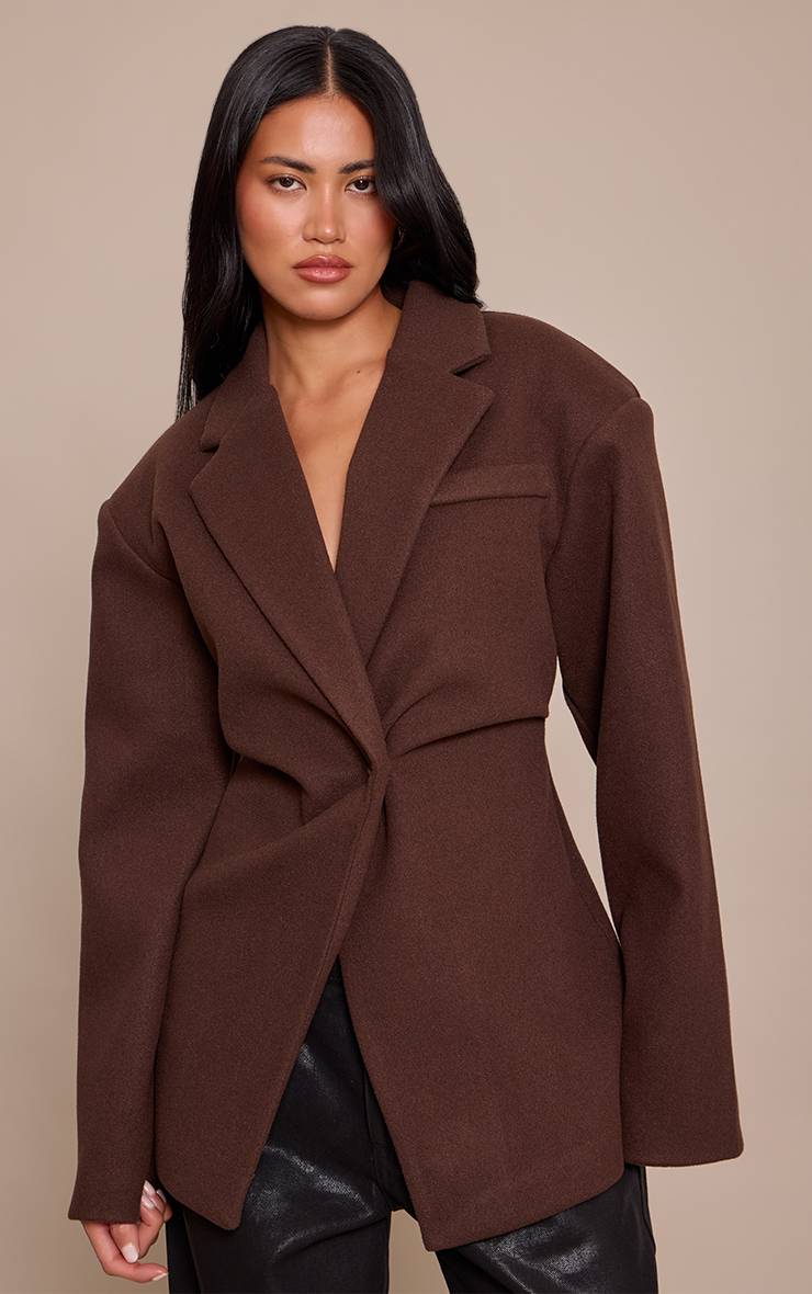 Chocolat Blazer Cintré Effet Laine