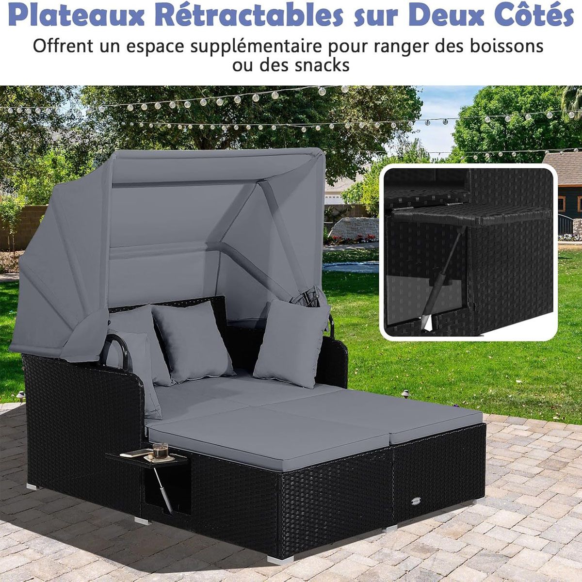 Chaise Longue à 2 Places en Rotin avec Auvent Rétractable Bain de Soleil avec Panneaux Latéraux Pliables Charge 360KG Beige/Gris - Lidl-Manfred