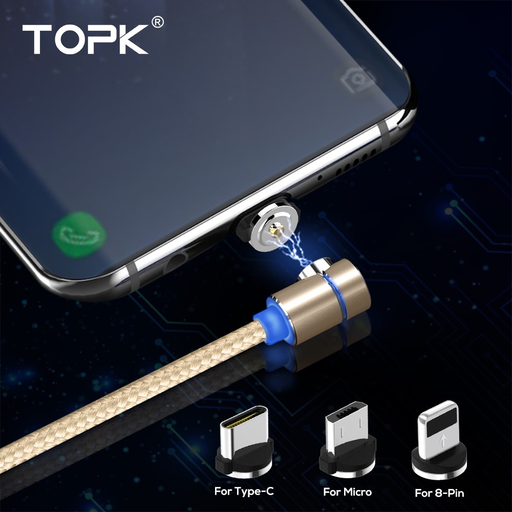 (1m) 3in1 Magnetisches Elbow USB Ladekabel Nylon Geflecht - Apple Lightning / Micro USB / USB C - Gold