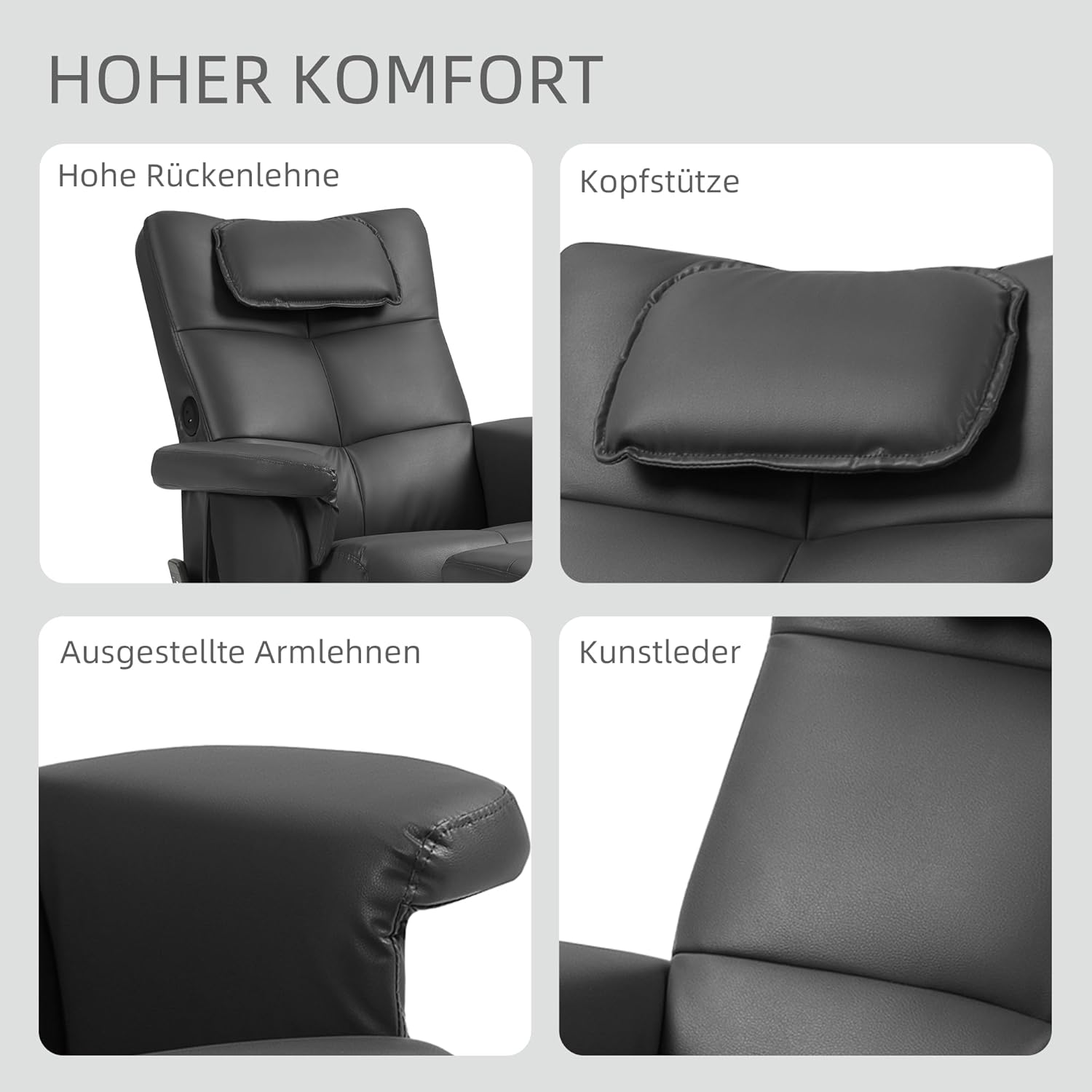 HOMCOM Relaxsessel mit Hocker, 360°drehbarer Fernsehsessel mit Knetmassage und Vibrations-Massage, Liegefunktion, Massagesessel mit USB- und USB-C-Anschlüssen, Seitentasche Kunstleder Schwarz