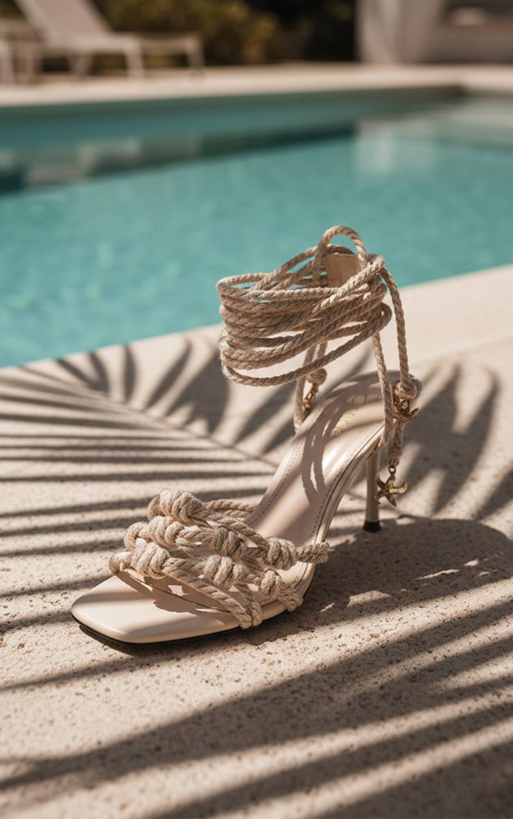 Crème Sandales À Talons En Corde Tressée