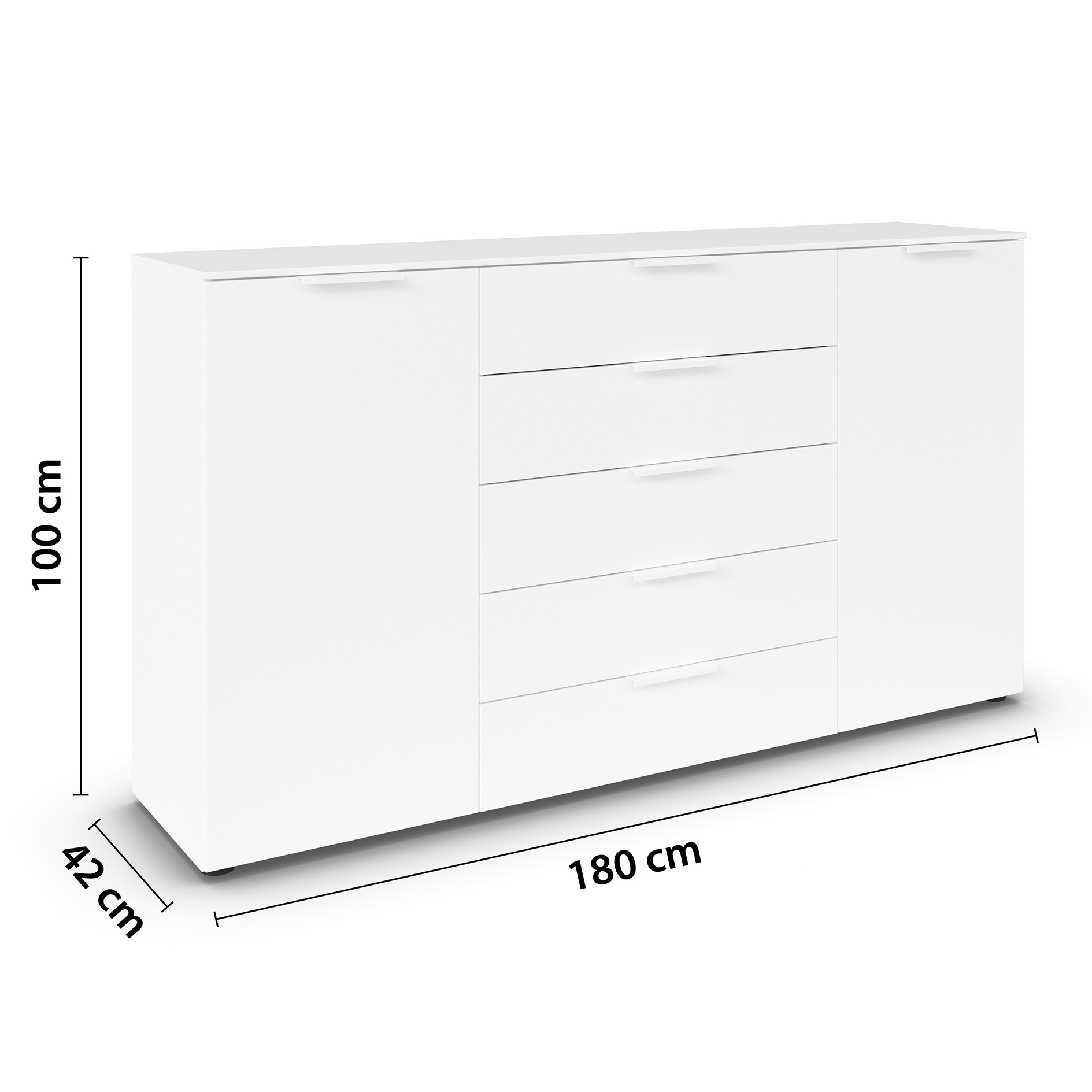 Kommode - alpinweiß - weiße Griffe - 180 cm