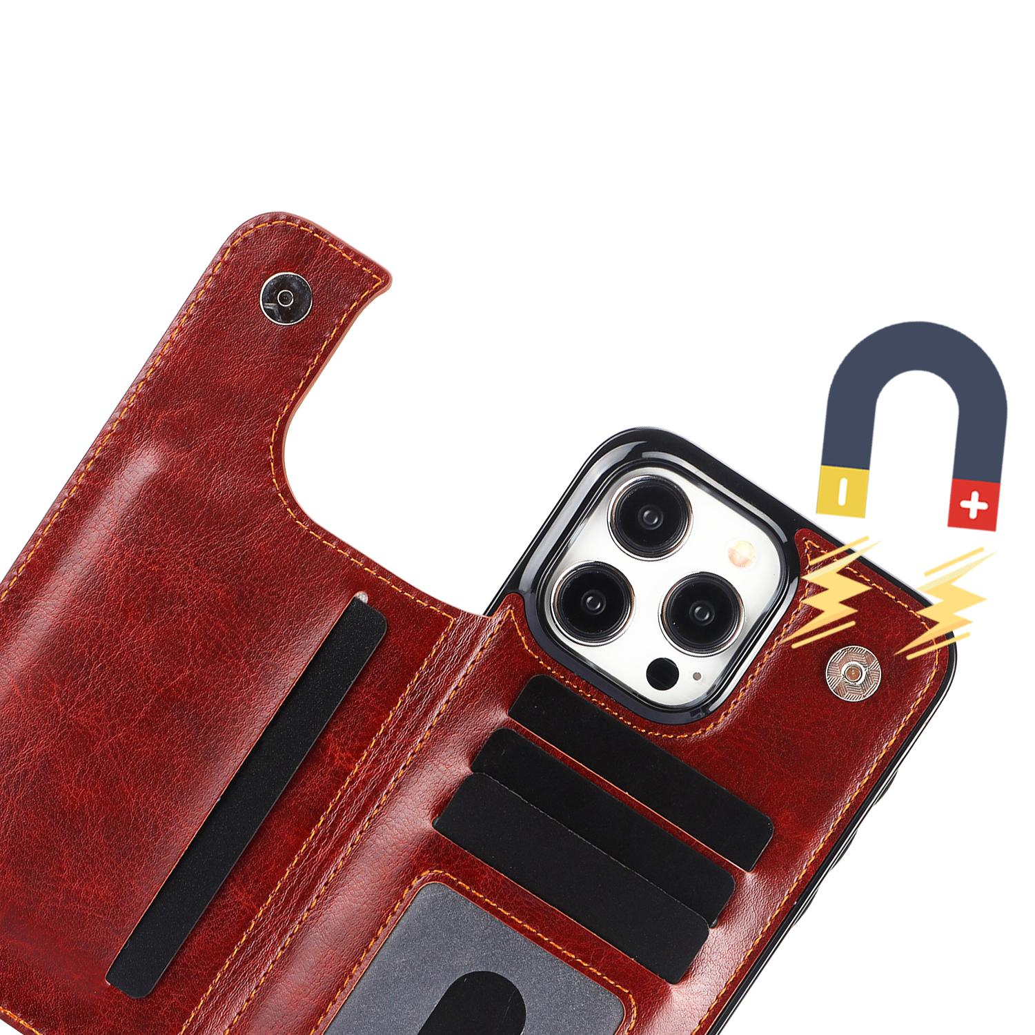 iPhone 15 Pro Hybrid Leder Hülle mit Kartenfach   Kickstand Aufsteller - Braun