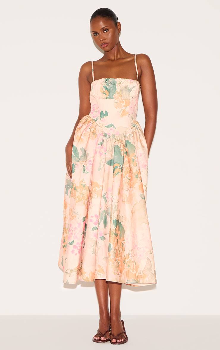 Rose Robe Mi-longue À Bretelles Avec Bustier Froncé À Corset Et Imprimé Floral Abstrait