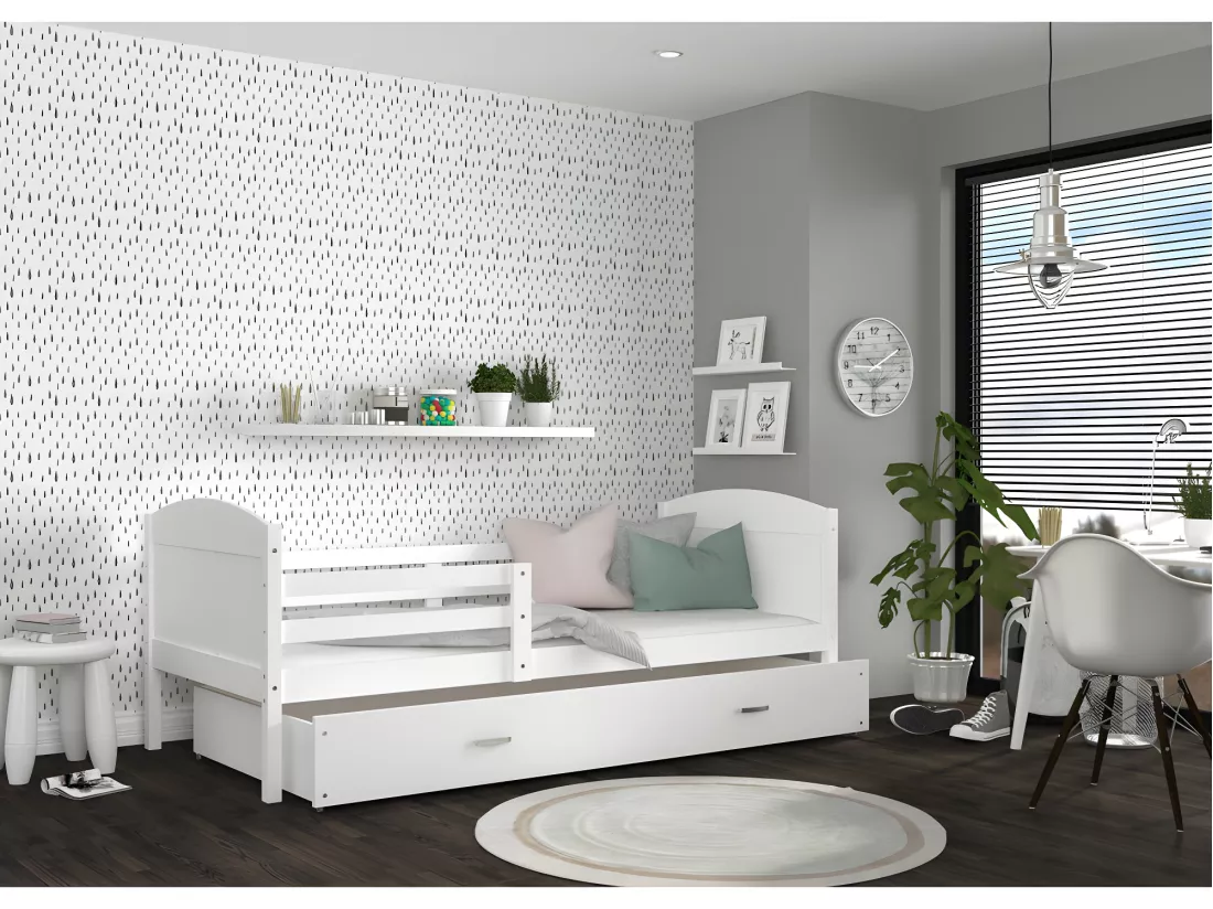 Lit Enfant Matis 90x190 ( Sans Matelas ) Blanc - blanc Livré avec le sommiers et tiroir.