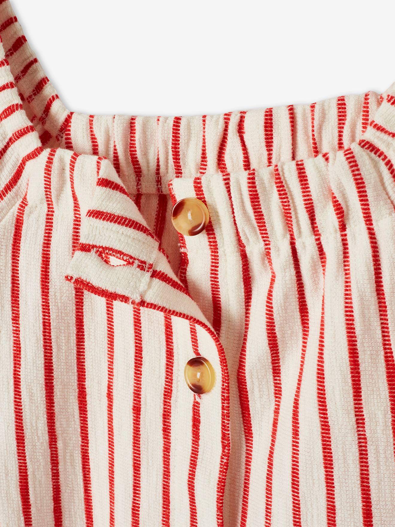 Blusa listrada de manga curta para meninas, listrada em vermelho vivo.