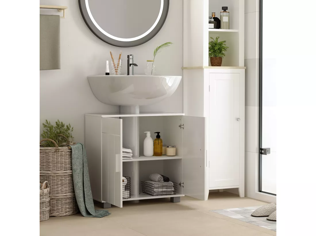 Meuble vasque - meuble sous-vasque - 2 portes rainurées, 2 étagères - poignées alliage aluminium - dim. 60L x 30l x 60H cm - MDF blanc