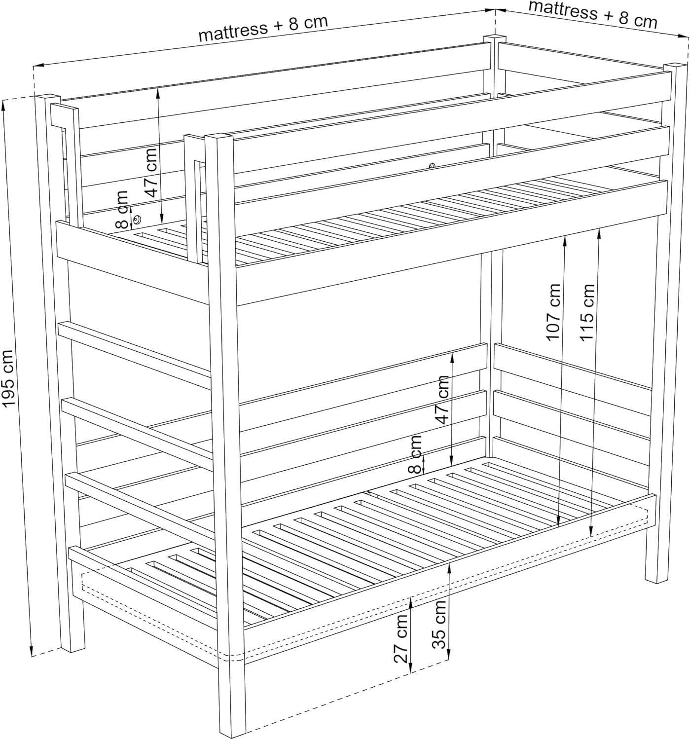 N03 Etagenbett 90x200 cm, Kinderbett mit Leiter, 2 Leitermontageseiten: Links oder rechts, sichere abgerundete Kanten, Stabile Massivholzkonstruktion, Hochwertige Materialien, Weiß