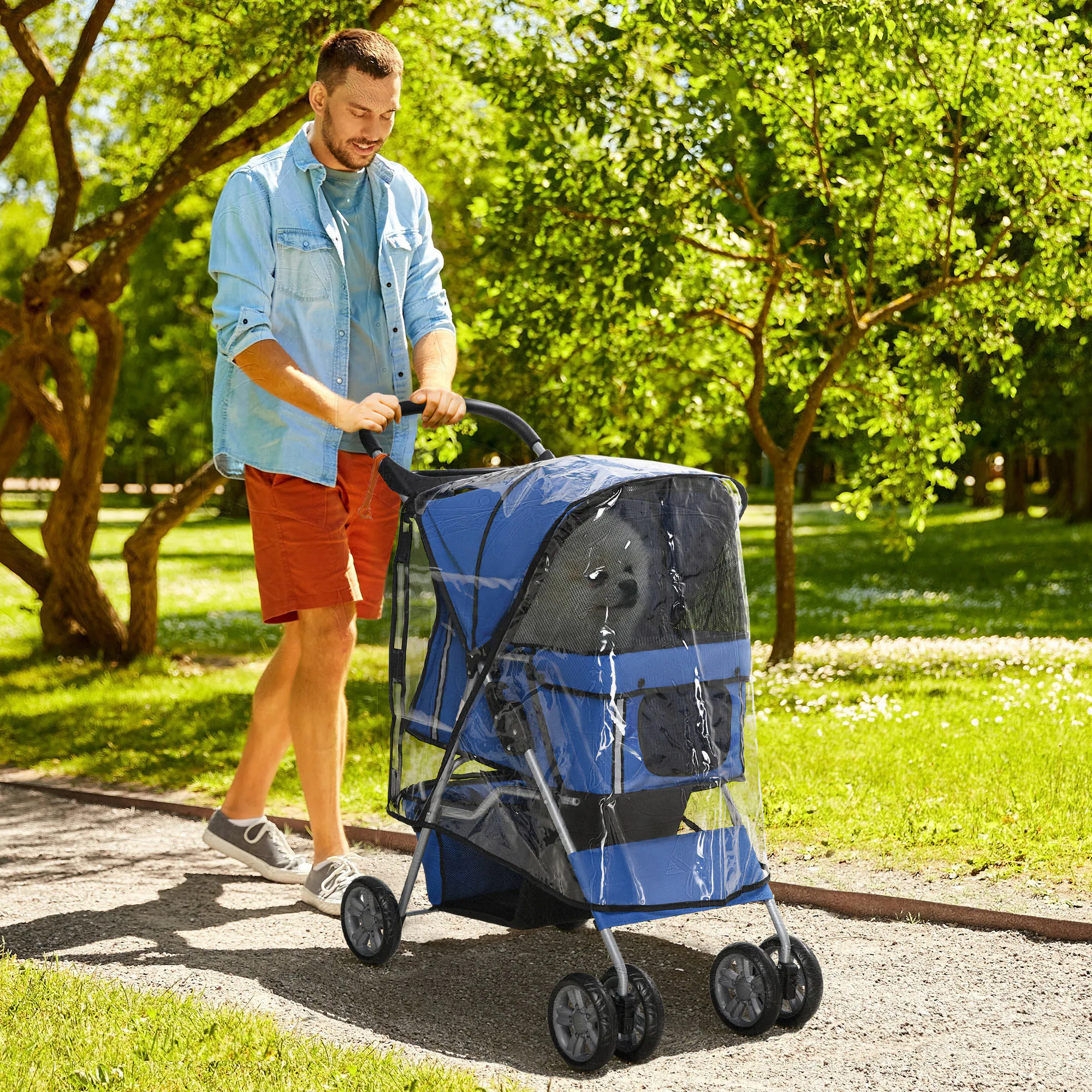 PawHut Hundebuggy mit Regenverdeck blau 75L x 45B x 97H cm