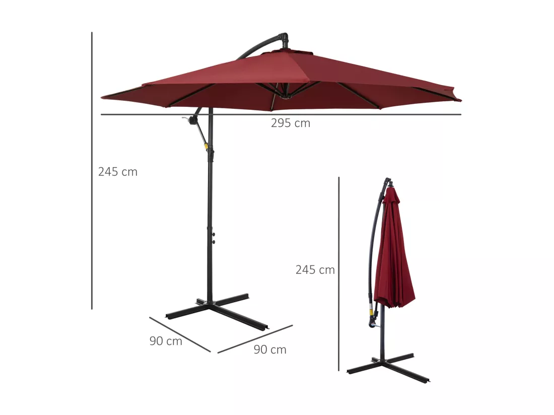 Parasol déporté octogonal inclinable manivelle pied acier Ø 3 x 2,5H m bordeaux