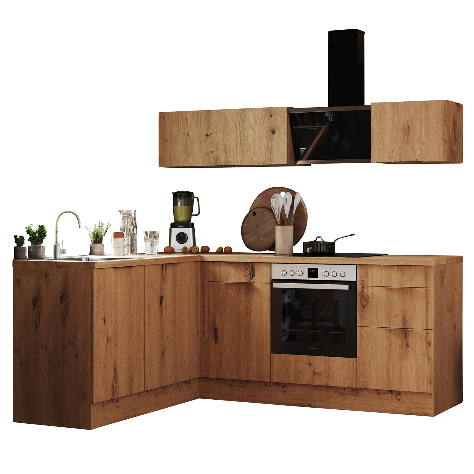 RESPEKTA Winkelküche - Artisan Eiche - mit E-Geräten - 220 cm