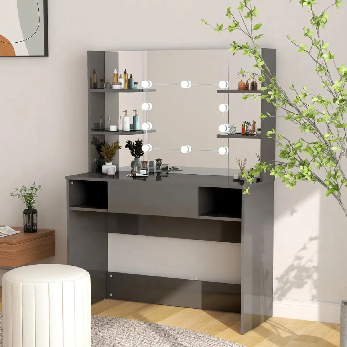 vidaXL Coiffeuse à LED - Gris brillant