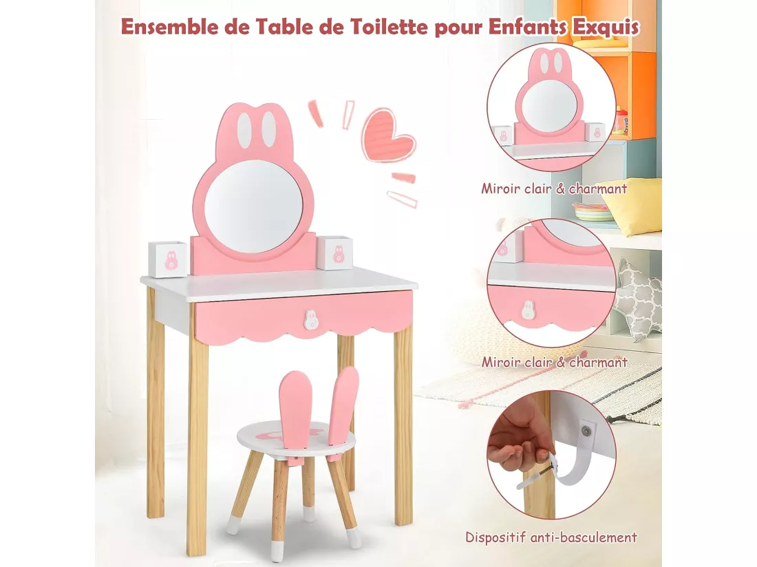 Coiffeuse avec Tabouret pour Enfants - Miroir Amouvible - 1 Tiroirs - 2 Boîtes de Rangement - Décor Rose + Blanc