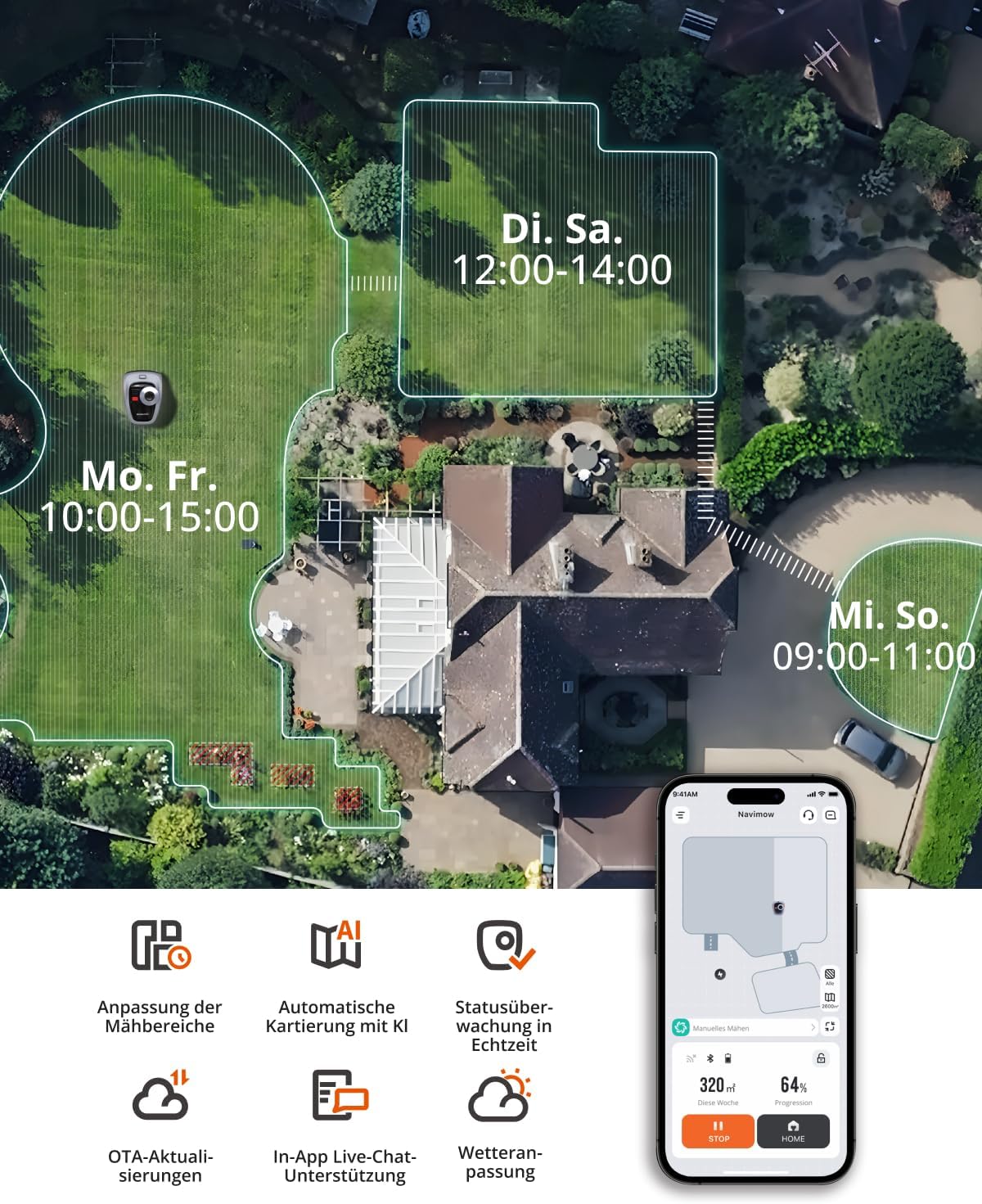 Navimow i105E+Garage, Mähroboter ohne Begrenzungskabel, Empf. 500 m², Max. 600 m², RTK+Vision Rasenmäher Roboter Testsieger, Igelschutz Rasenroboter, KI Auto Kartierung