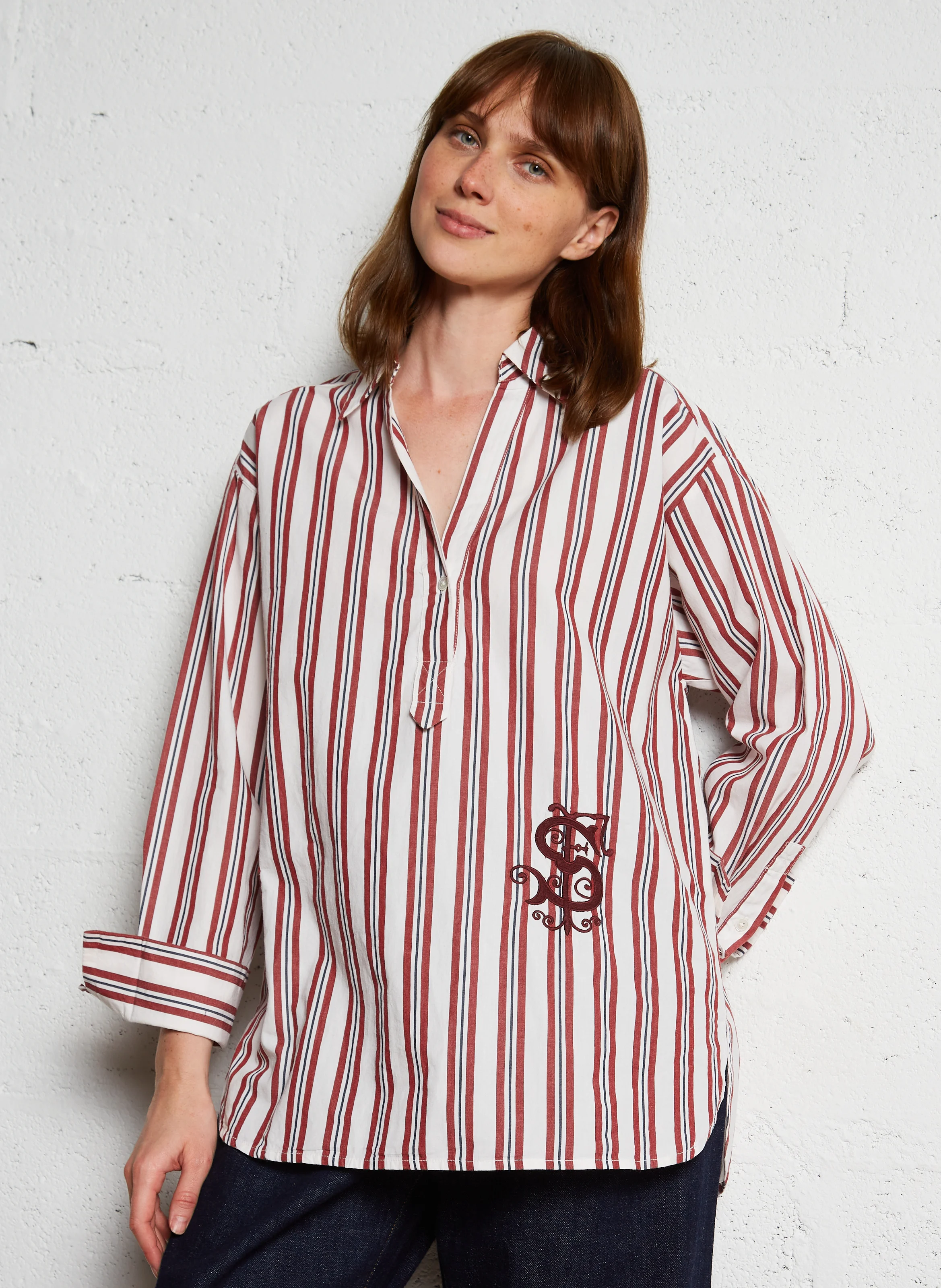 ANNABELLE - Tunique col classique ample en coton rayé | Rouge
