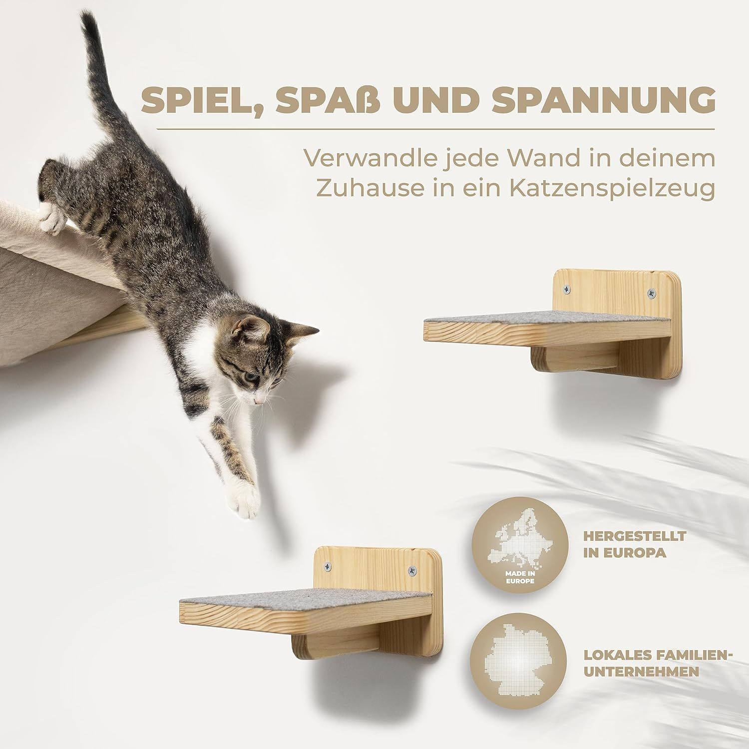 WOOWOOD® Katzenhängematte aus Massivholz inkl. 2 Katzentreppen Wand