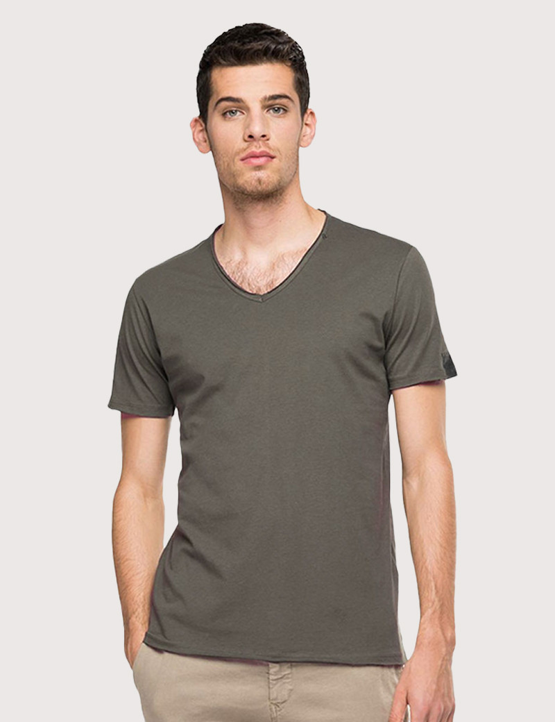 REPLAY T-SHIRT COL V COTON CEMENTO