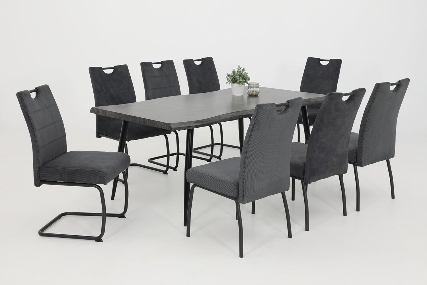 Hela Tische, Esstisch Gabi, Tischplatte 46mm mit Baumkantenoptik Grau, Metallgestell Schwarz, 180x100cm