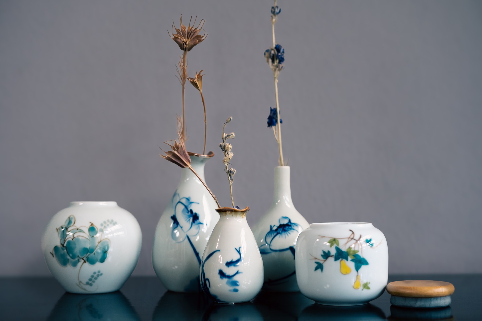 Keramikvase blau-weiß, handbemalt, Ø 8 cm, H 12 cm von fischer's lagerhaus