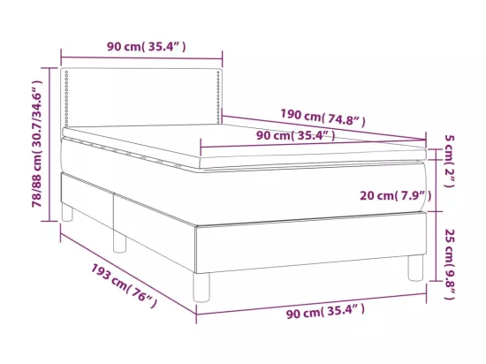 Sommier tapissier et matelas et LED Bleu foncé 90x190cm Velours