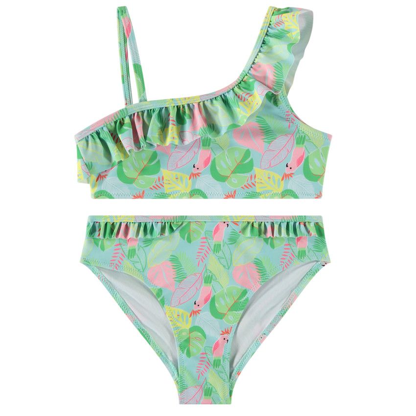 Maillot de bain 2 pièces asymétrique imprimé jungle pour fille - Bleu