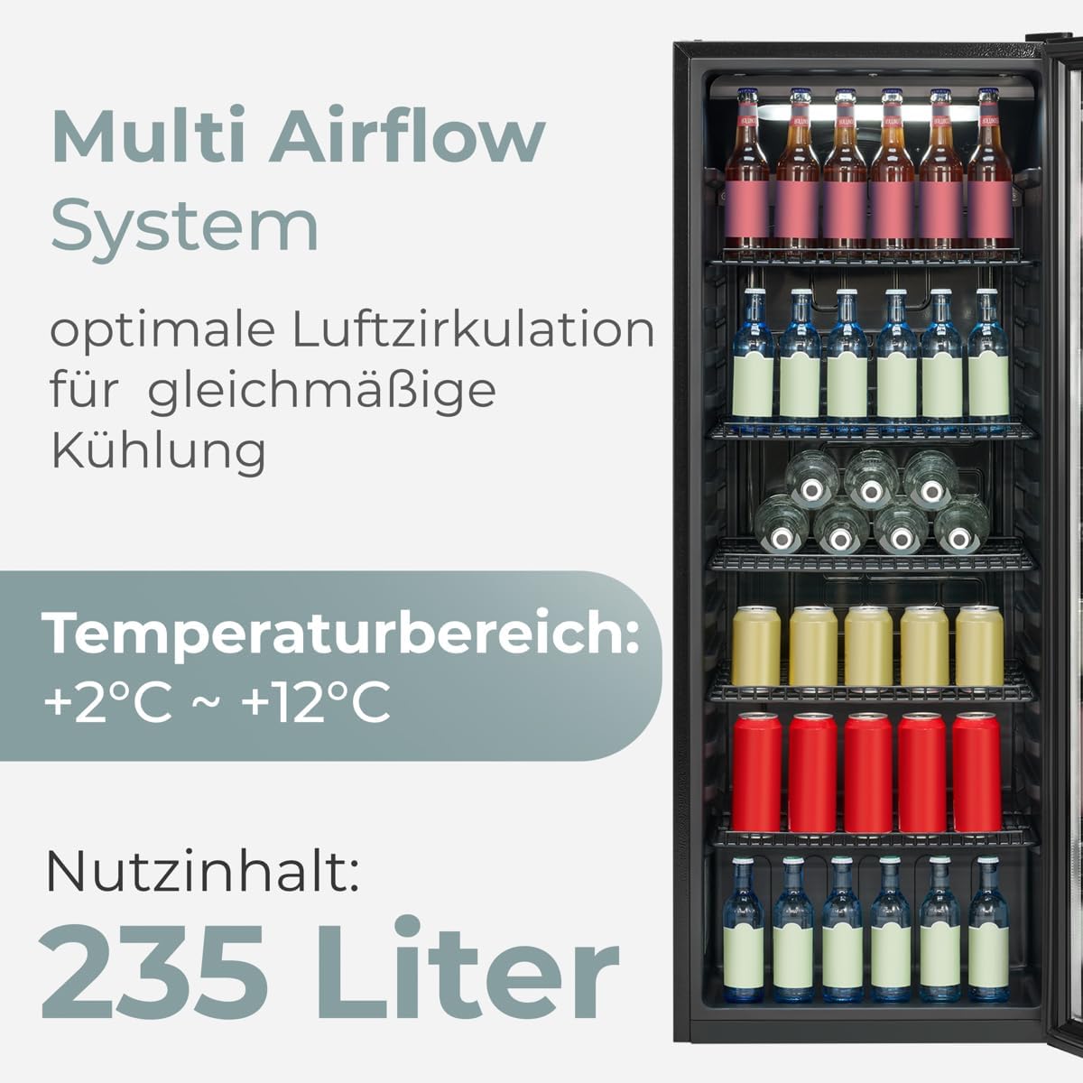 Bomann® Kühlschrank mit Glastür | Energieklasse C | 143cm | Getränkekühlschrank 2-12°C | MultiAirflow | 5 Gitterablagen | Türanschlag wechselbar | 236L | Flaschenkühlschrank | KSG 7292 schwarz