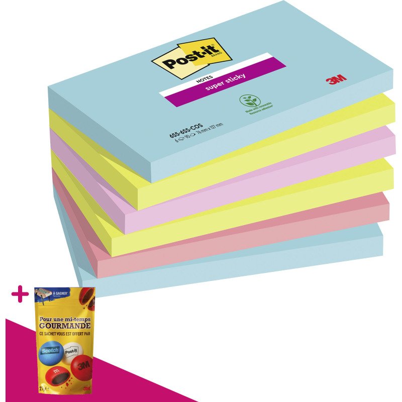 Notes repositionnables couleurs Cosmic Super Sticky Post-it - bloc de 90 feuilles = Pour l'achat 12 notes repositionnables, 1 sachet de M&M OFFERT
