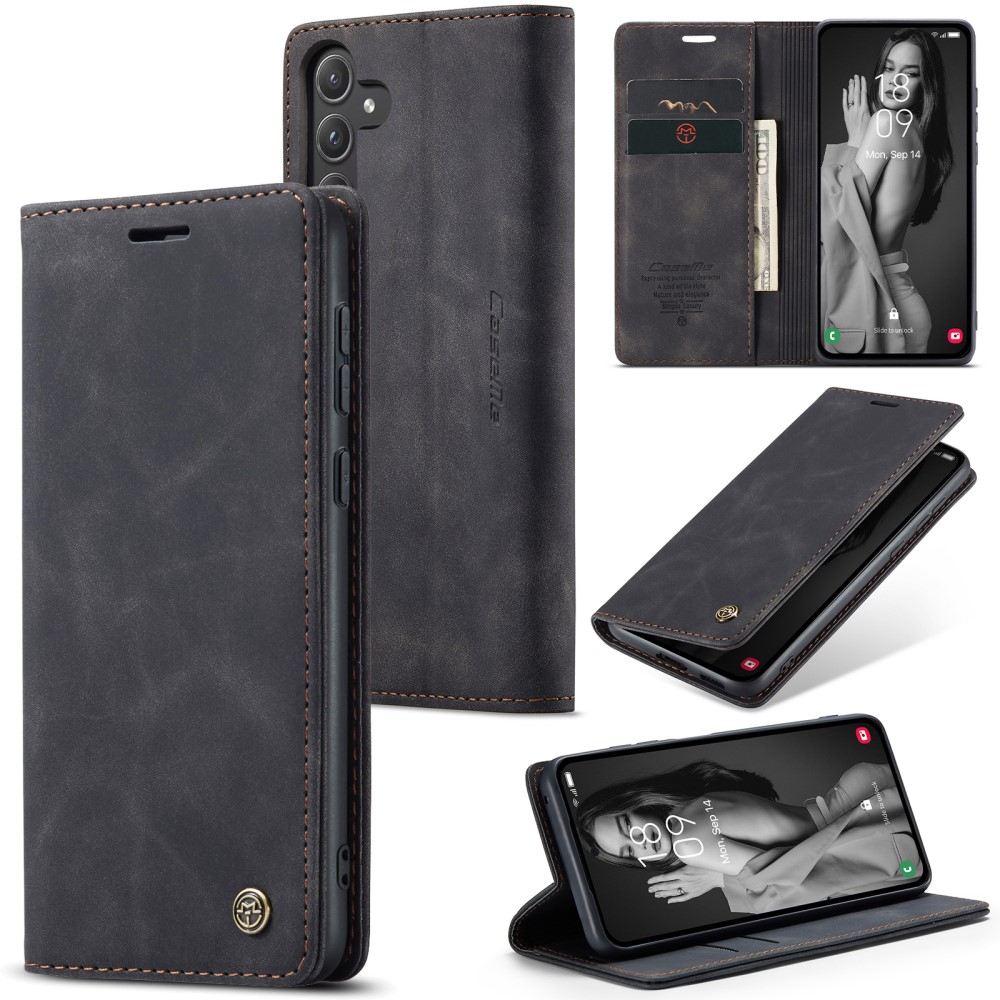 Samsung Galaxy A55 Leder Tasche Flip Wallet Etui mit Kartenfächern - Schwarz