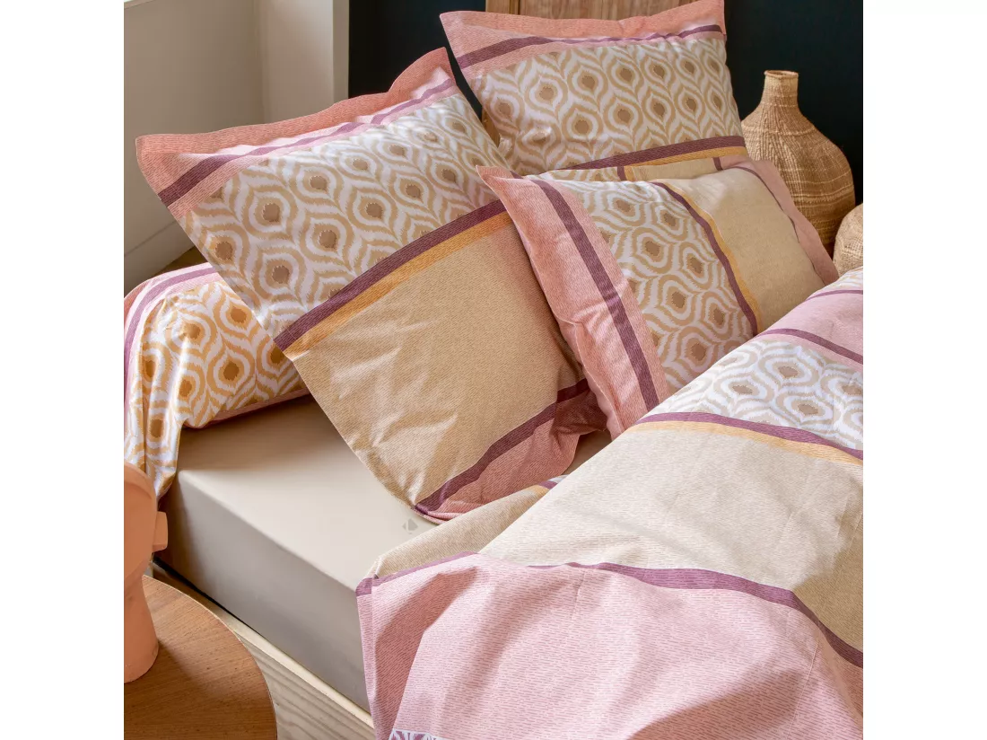 Drap plat 280x310 cm coton INOUK rose/beige