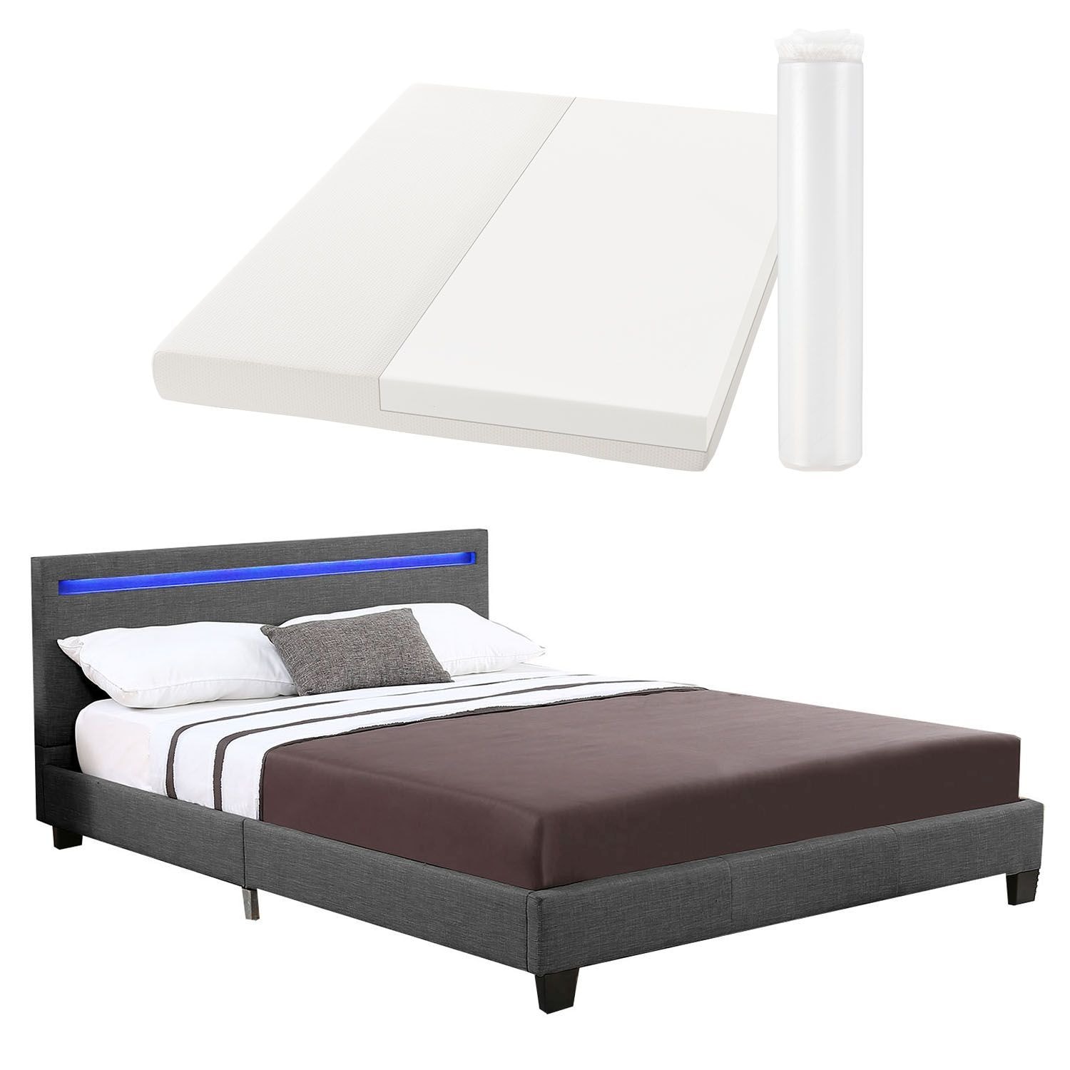 Juskys Polsterbett Verona grau | 120×200 cm | Bettgestell LED-Beleuchtung, Lattenrost & Matratze
