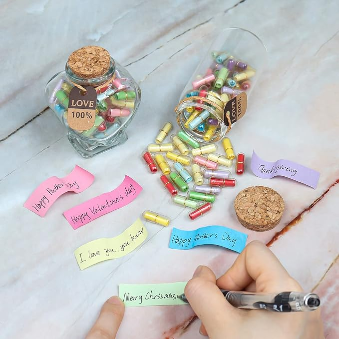 (8x6cm) Herz Glas DIY Liebesbrief Kapsel Botschaft Valentinstag Gutschein Geschenkidee inkl. 50 Lose zum Beschriften - Bunt