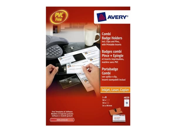 Avery - Navneskilt - for 54 x 90 mm - klips, nål - gjennomsiktig (en pakke 50)