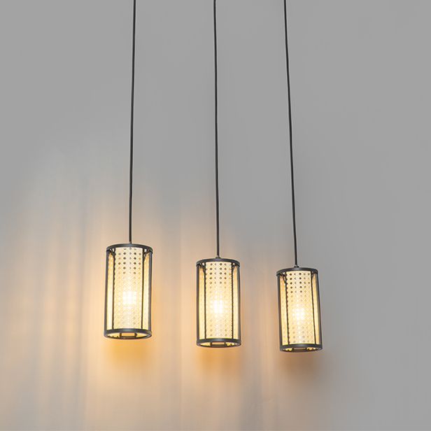 Oosterse hanglamp zwart met rotan 3-lichts langwerpig - Akira