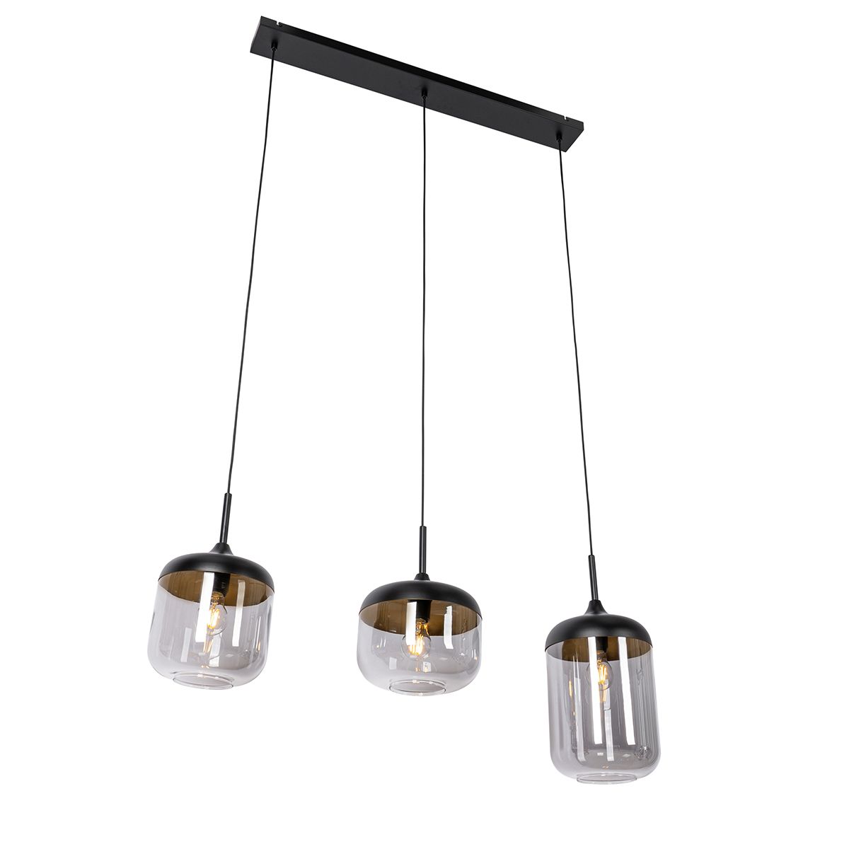 Design hanglamp zwart met goud en smoke glas 3-lichts - Kyan