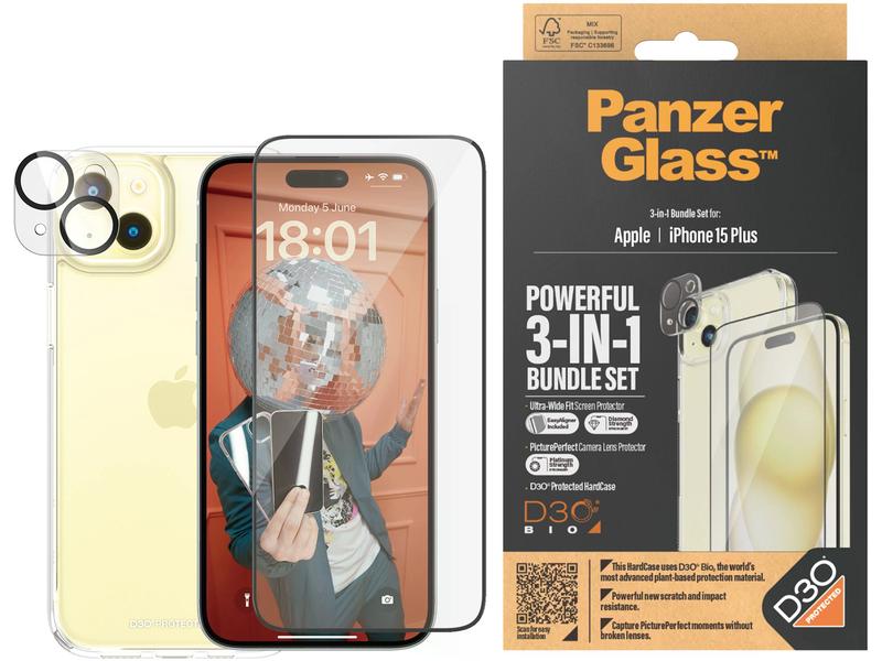 Panzerglass 3-in-1 Bundle iPhone 15 Plus 3-in-1 Set mit Bildschirmfolie, Schutzhülle und Kamera-Schutz für das Apple iPhone 15 Plus