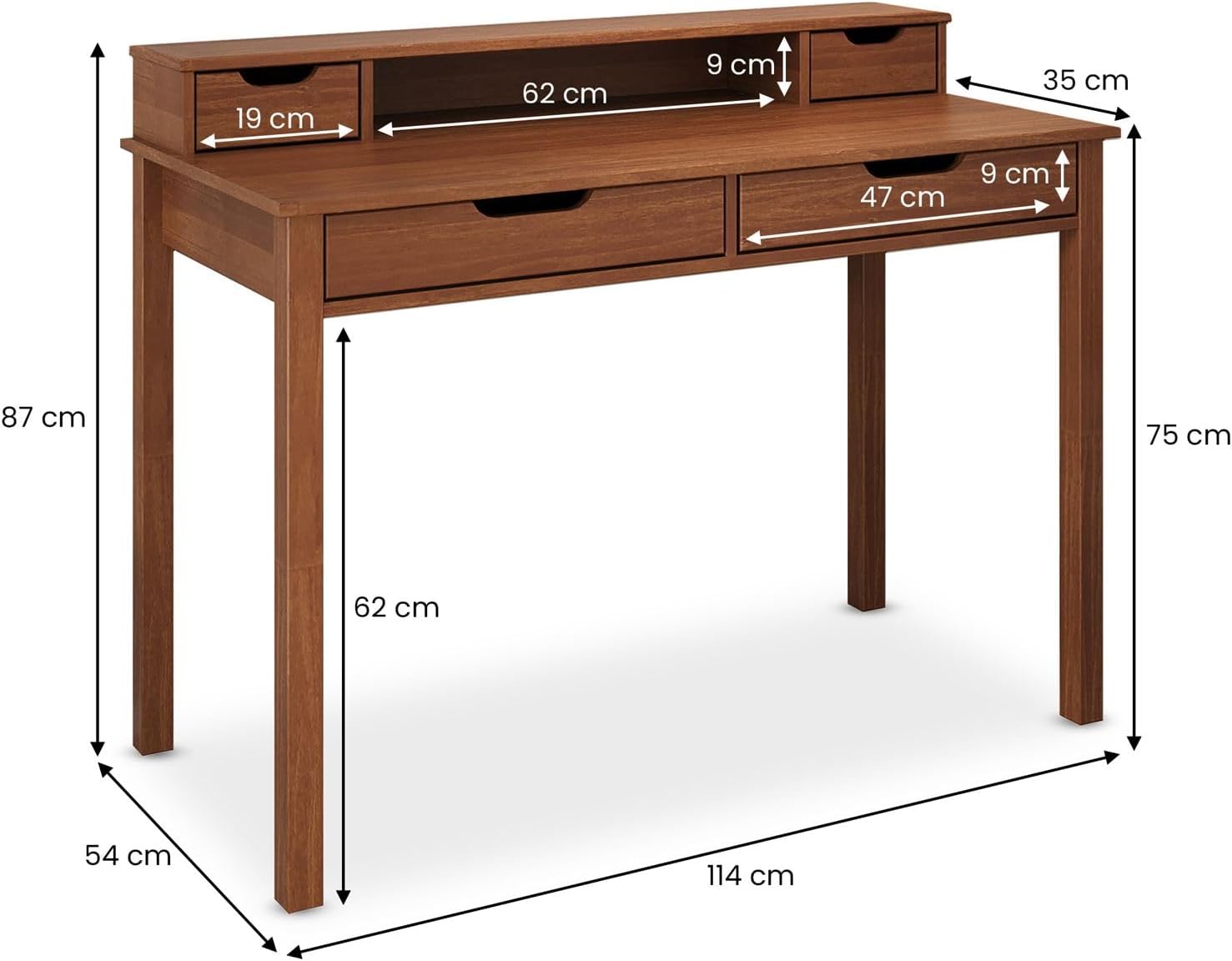 IDIMEX Schreibtisch Raul mit 4 Schubladen aus Massivholz, Kastanien Farben - Bürotisch mit Stauraum und Nische, Home-Office-Schreibtisch, PC-Tisch mit Aufsatz