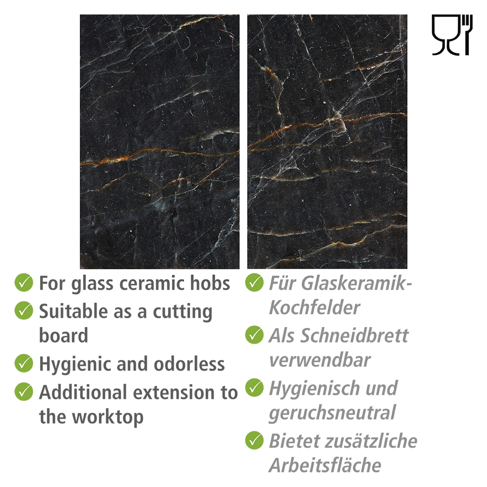 2er-Set Glasabdeckplatten - schwarz - Marmor