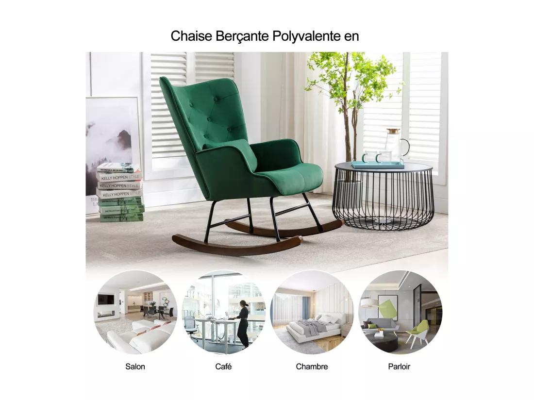 Fauteuil à Bascule Rembourré en Velours Moderne pour Salon, Chaise à Bascule à Dossier Haut avec Pieds en Bois, Vert Foncé