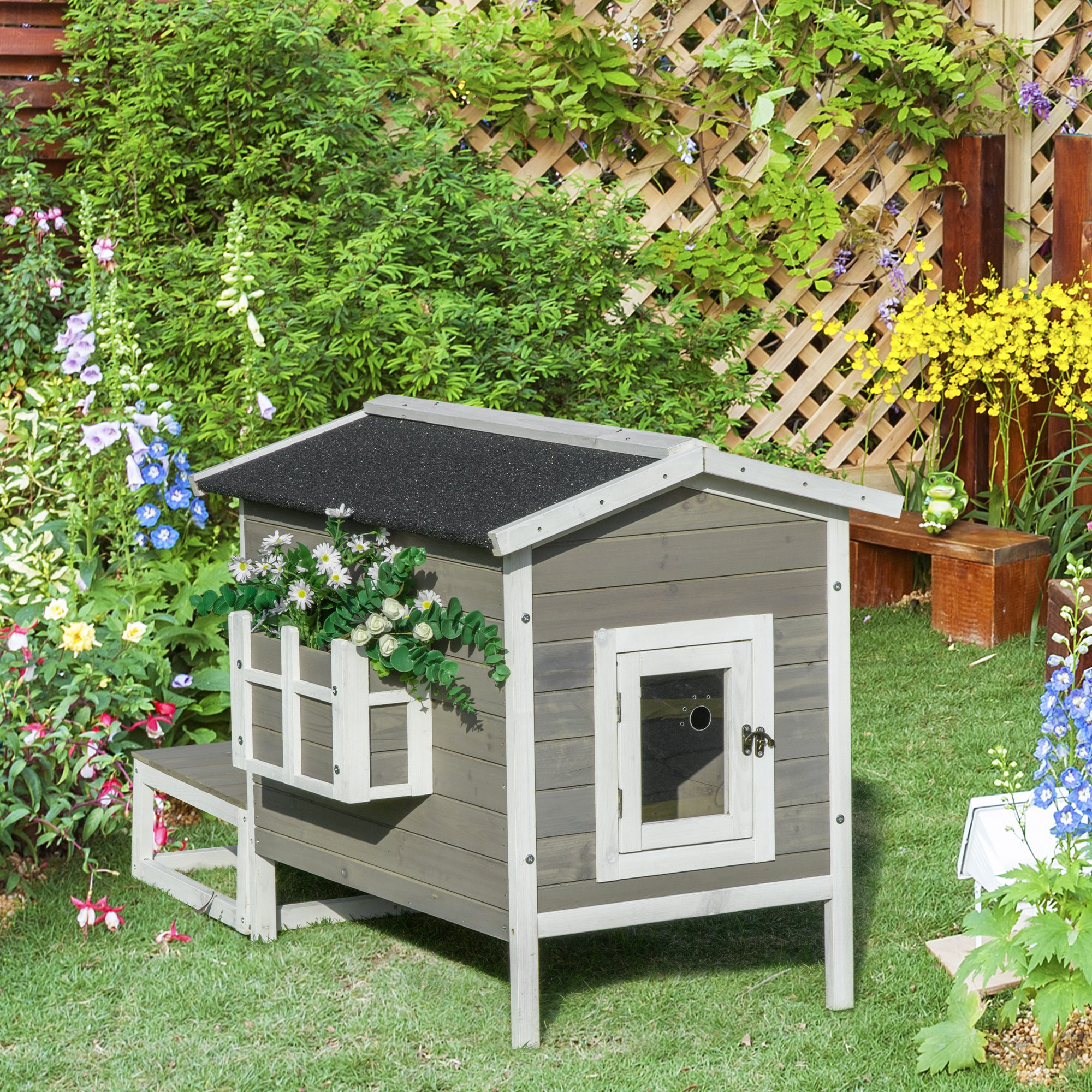 PawHut Katzenhaus mit Terrasse und Balkon grau, weiß 115 x 66,5 x 74,7 cm (LxBxH)