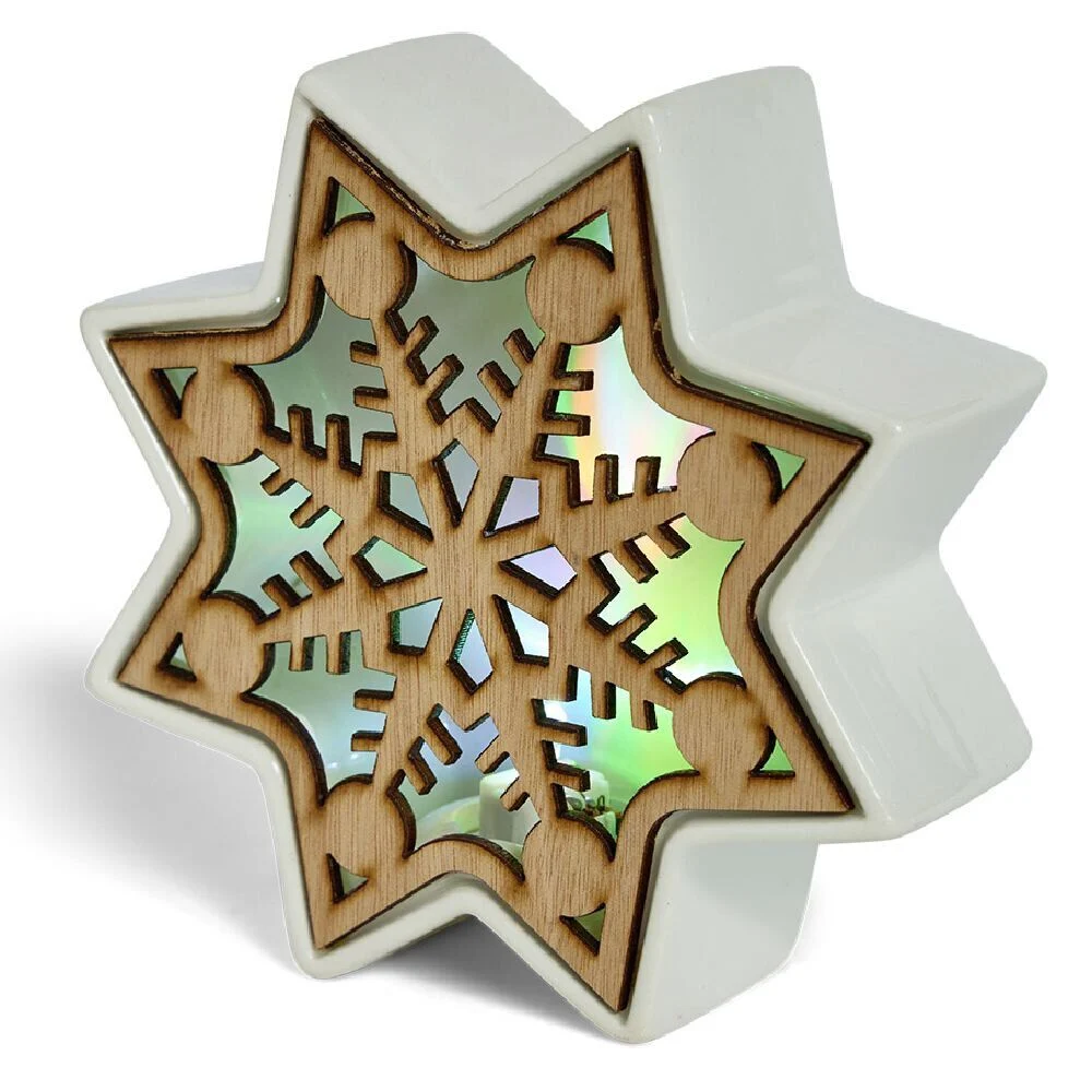 Lampe LED Noël céramique et bois 17x5,5x17cm
