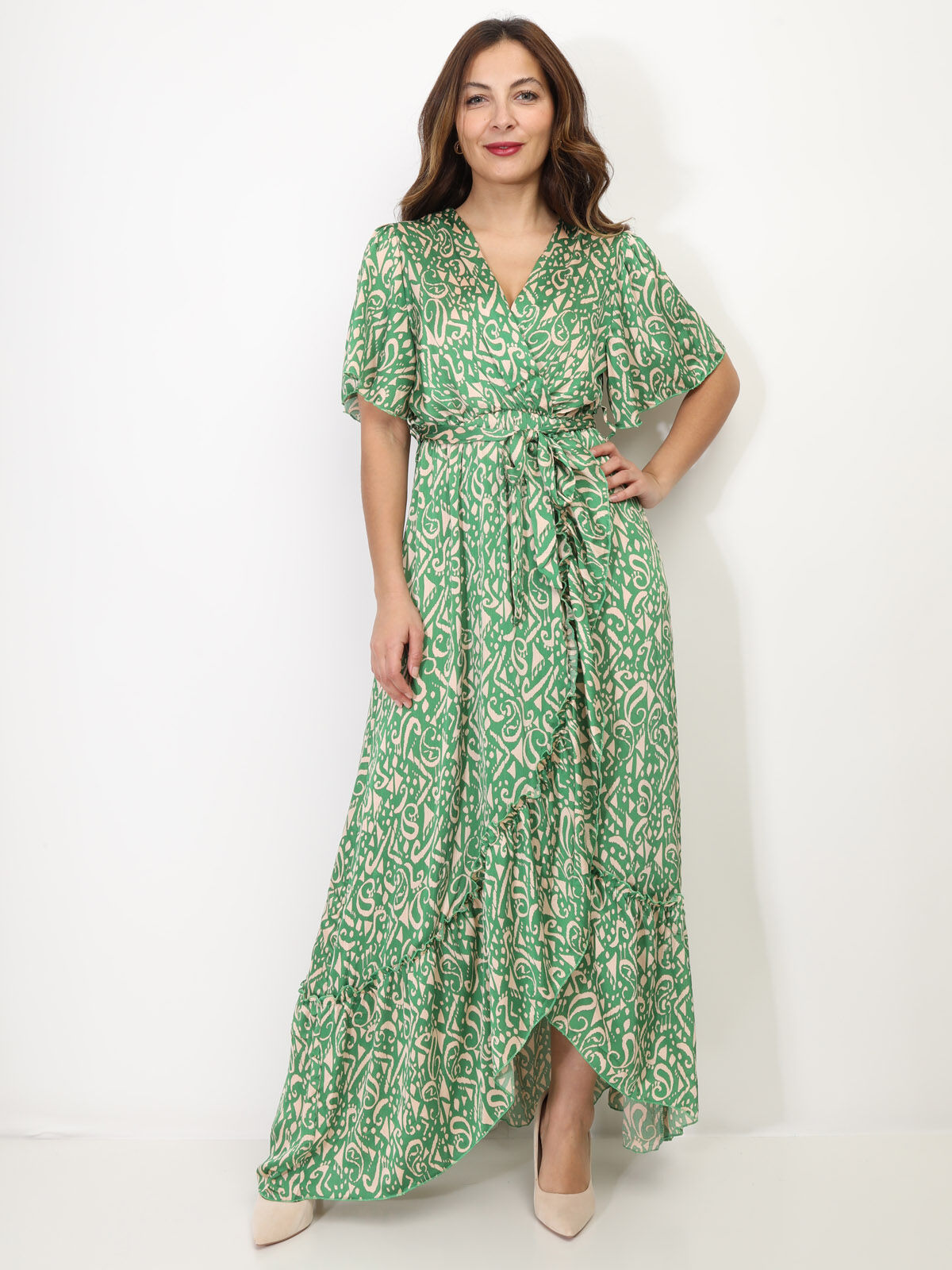 Robe longue cache-cœur à volants- Vert