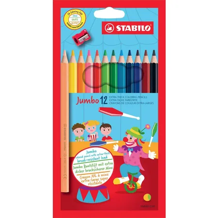 Dicker Buntstift - STABILO Jumbo - 12er Pack - mit 12 verschiedenen Farben - inklusive Spitzer