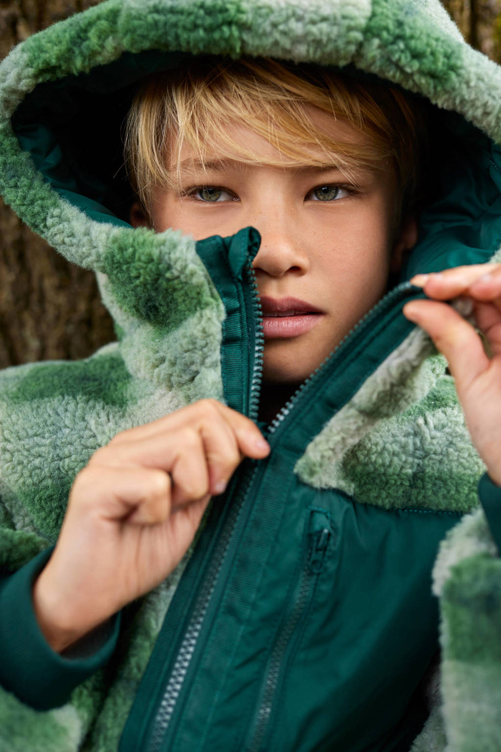 WE Fashion geruite gewatteerde winterjas donkergroen/ecru